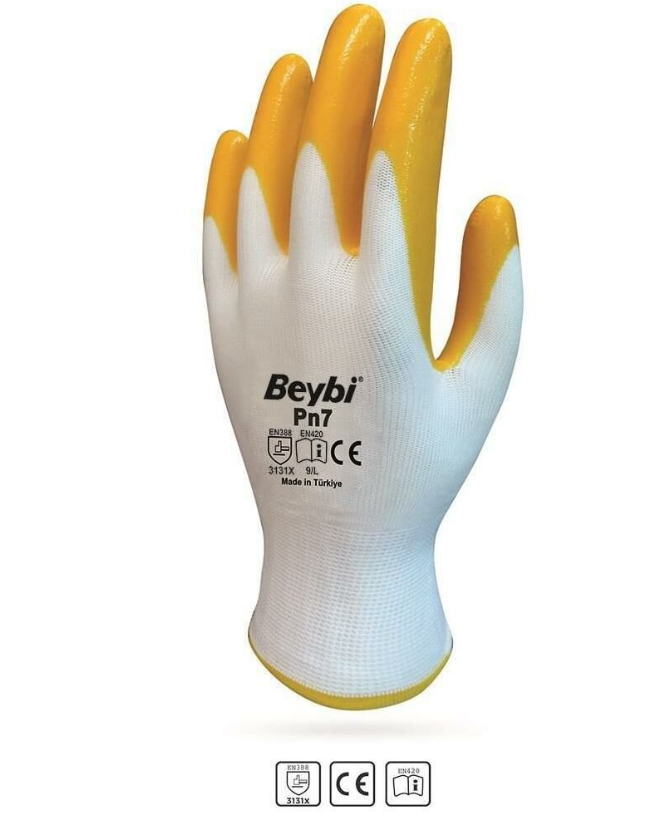 Beybi Pn-7 Polyester Nitril Eldiven Sarı No:9