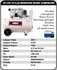 Attlas Sc1050 Sessiz Yağsız Hava Kompresörü 50 Litre A0301012