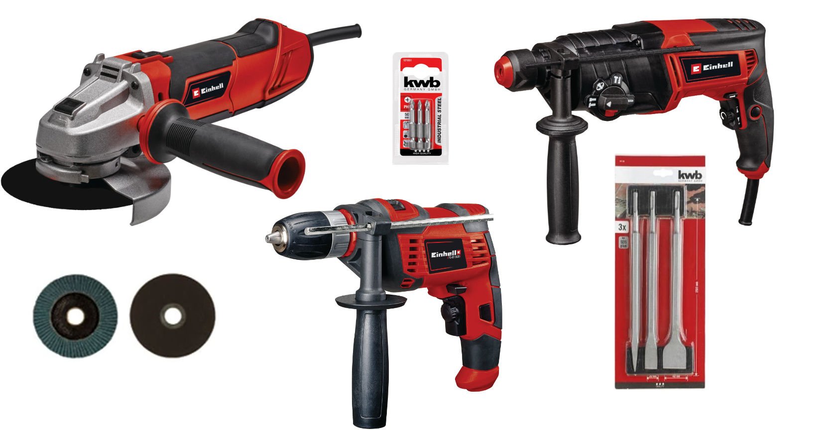 EINHELL ELUSTA KİT TE-AG 125/1010 CE Q + TC-RH 800 4F + TC-ID 550E + AKSESUARLAR