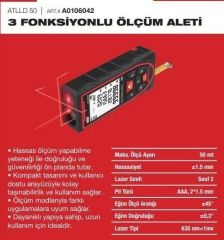 Attlas ATLLD 50 3 Fonksiyonlu Dijital Lazermetre Ölçüm Aleti
