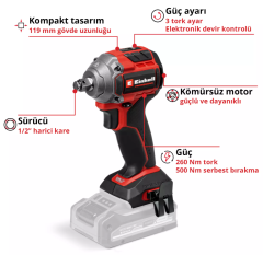 Einhell TP-CW 18/260-C Li BL - Solo, Kömürsüz Akülü Darbeli Somun Sıkma (Akü ve şarj cihazı dahil değildir) - 4510090